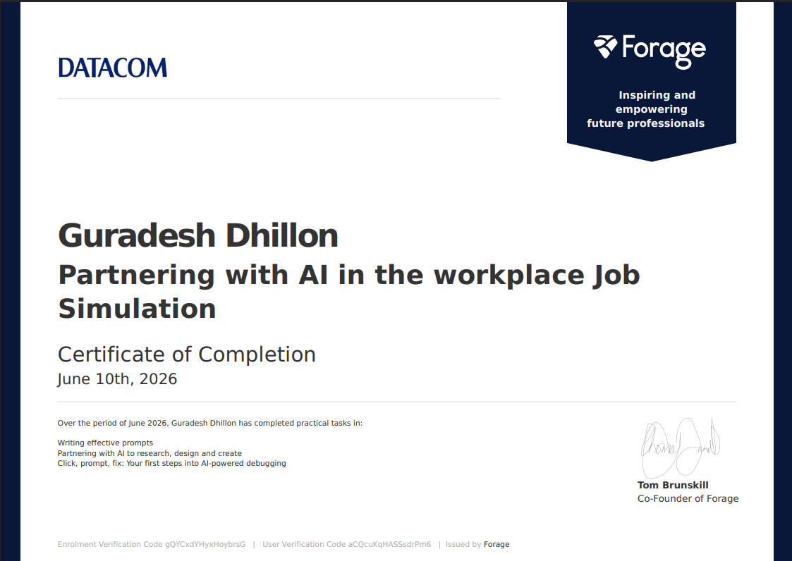 DATACOM Partnering with AI in the workplace Job Simulation Certificate